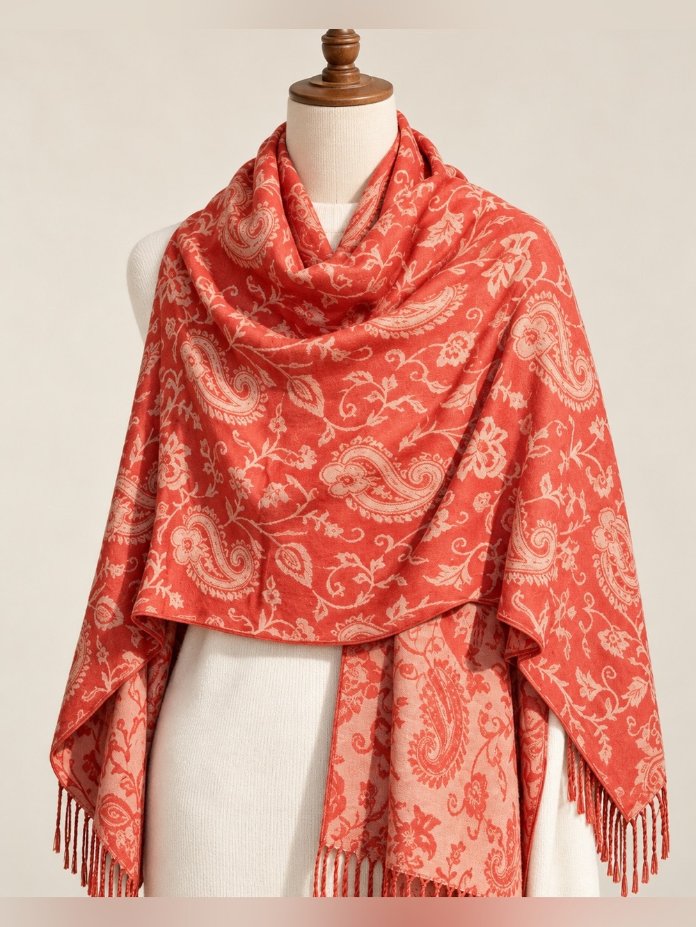 Women’s Wool Modal Paisley Shawl Scarf – Coral Red Cream Fringe Wrap